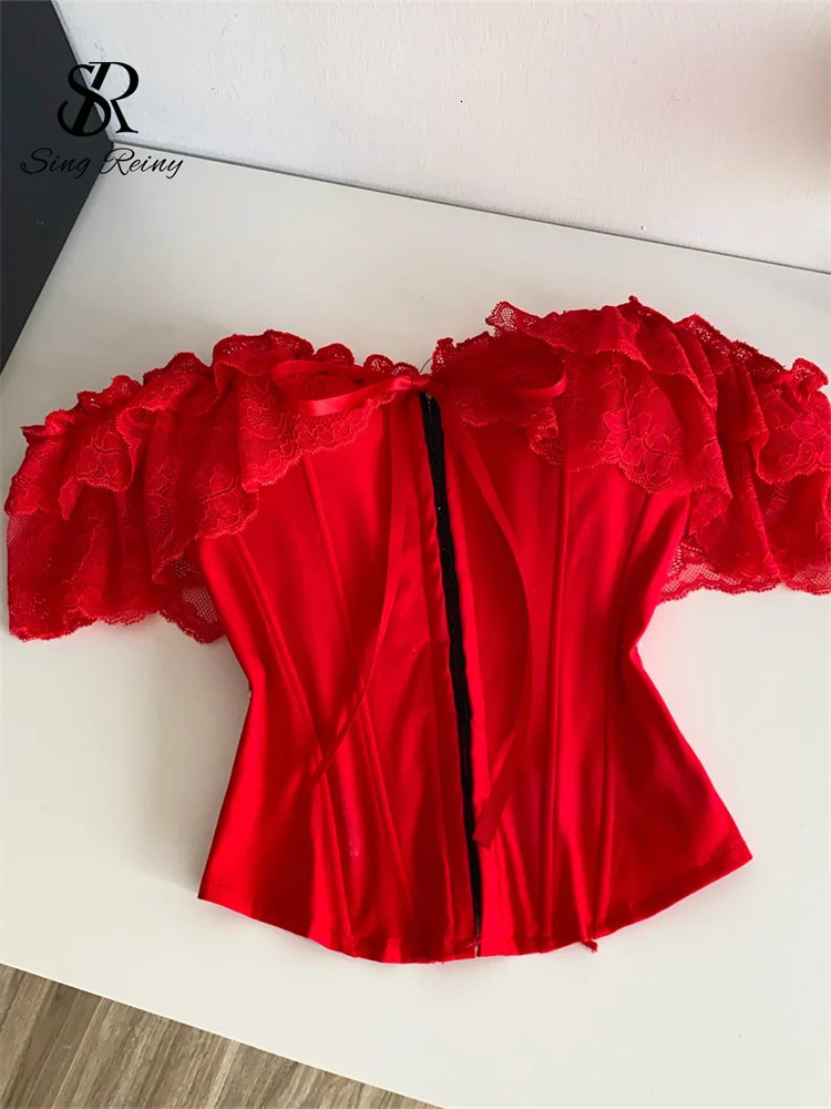 SINGREINY Feminine Lace Corset Tops Off Shoulder Lace Up Splice Summer 2026 Tank Top French Style Court Versatile Sensual Camis 260327
