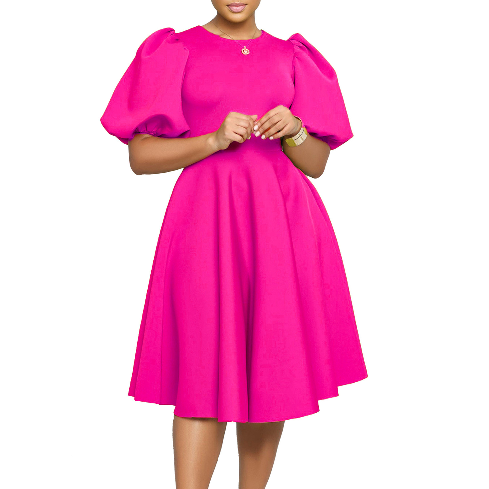 Plus size black casual womens dress with O-ring puff sleeves and A-line round neck slim fit Midi formal dress 240824 - view 6