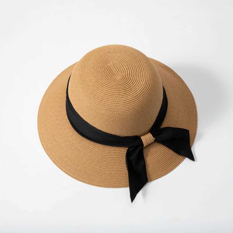 French Vintage Straw Hat Women Elegant Black Ribbon Bow Beach Sun Hat 9cm Wide Brim Breathable Paper Straw Summer Vacation Cap H260407
