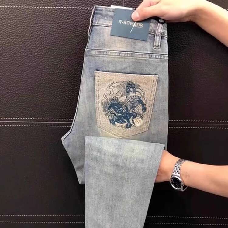 Men's Patched Slim-Fit Skinny Jeans Korean Style Embroidered Stretchy Long Pants Fashionable Trendy Versatile Daily Denim