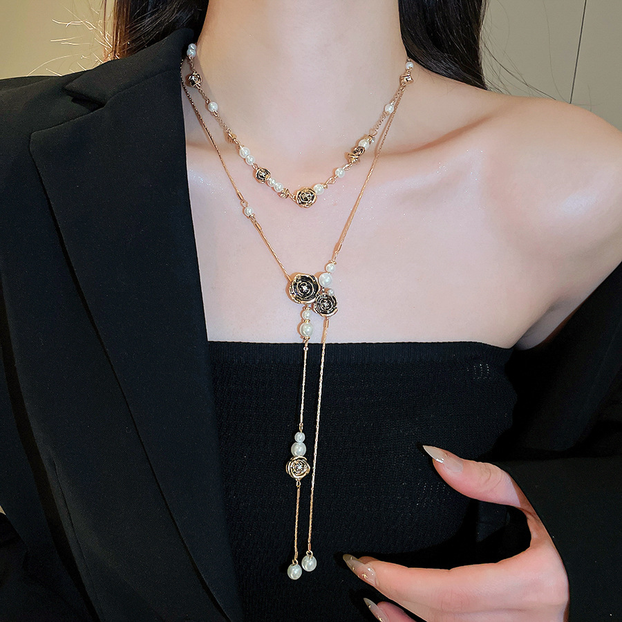Vintage-style pearl letter sweater chain, long double-layered necklace with full rhinestones, ins celebrity style, light luxury, versatile and trendy - view 3