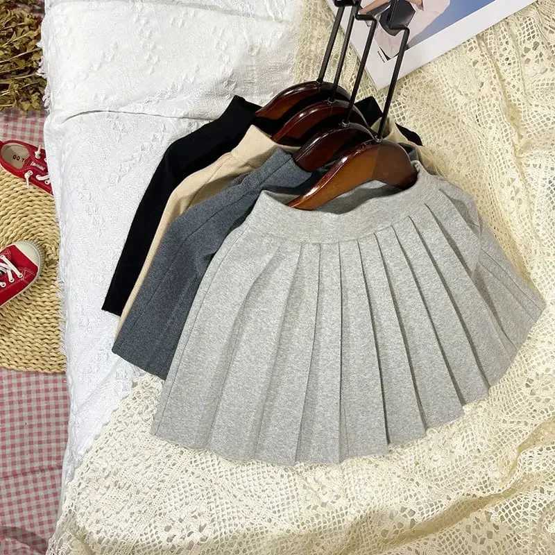Kids Girls Knitted Pleated Skirts 2024 New Arrival Children Autumn Winter Cotton Skirts Children School Skirts Black Gray Skirt H260407