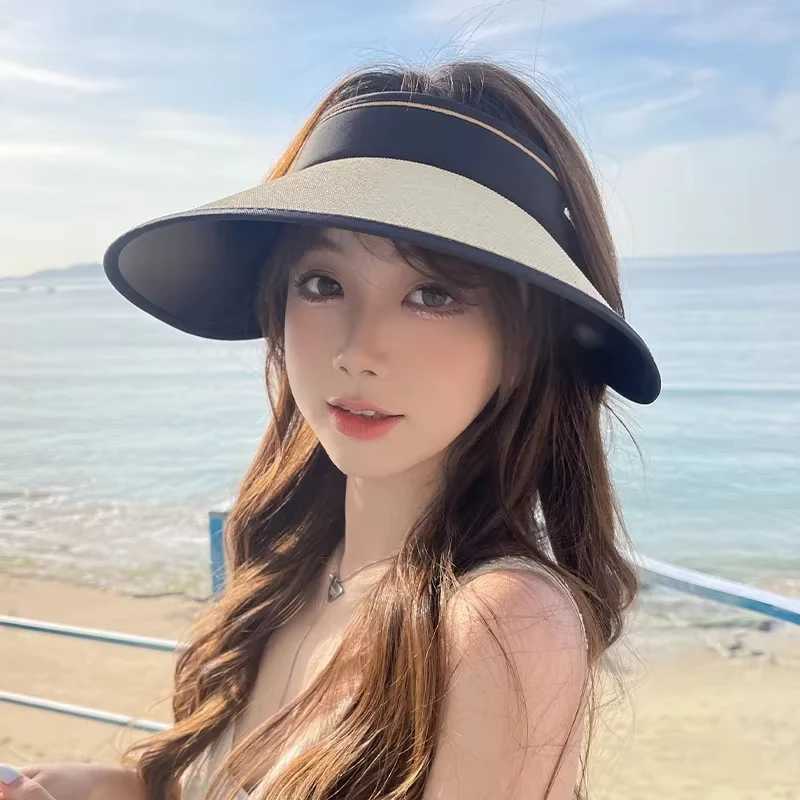 Summer new sunshade and sun protection empty top hat for female cyclists foldable straw woven hat for outdoor travel H260407