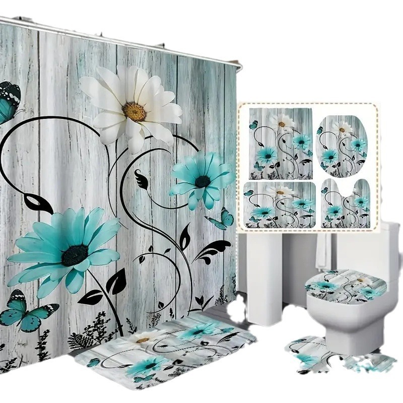 Bathroom Set Wood Grain Background Letter Print Shower Curtain Home Decor Black Gold Color Luxury Style