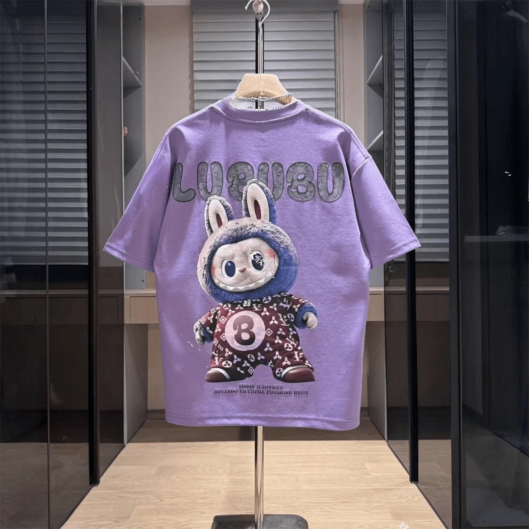 Luxury Designer Men's Casual Sportswear Cartoon Labubu Print Cotton Oversized T-shirt High-end Street Fashion Breathable Summer Activewear