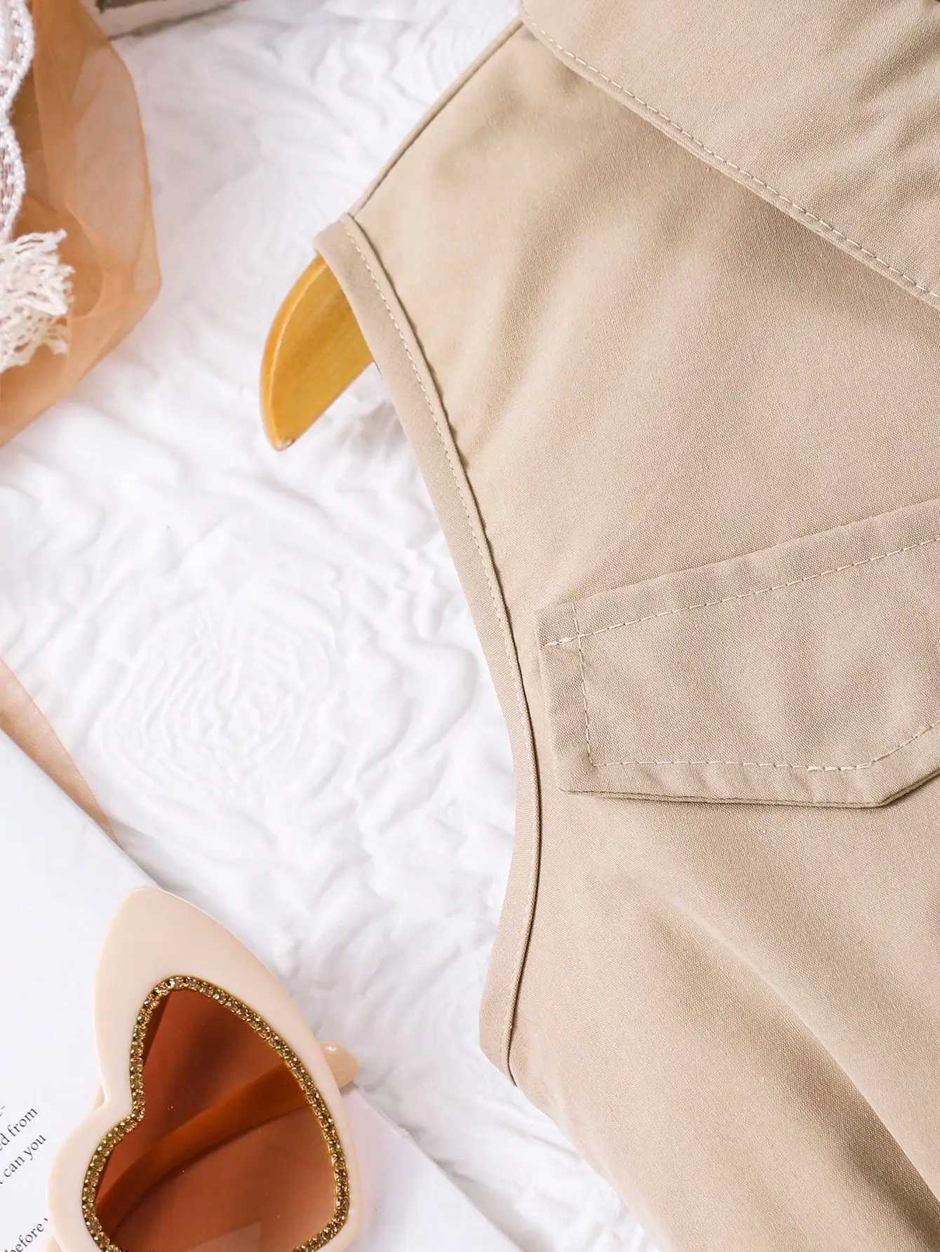 Girls Sleeveless Collared Dress with Tulle Skirt and Satin Bow Belt Beige Summer Casual H260407