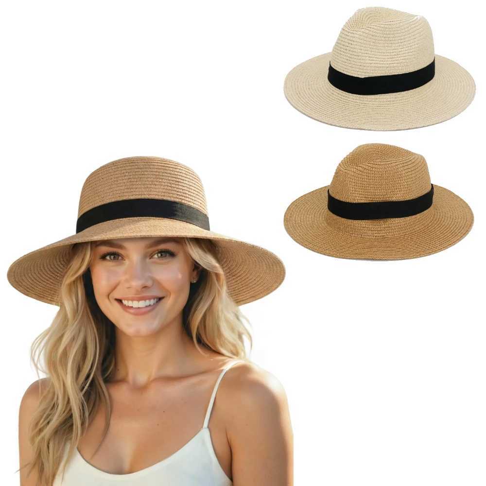 Senker Fashion Sun Hats for Women UV Protection Packable Wide Brim Straw Hat for Men Beach Summer Vacation Travel H260407