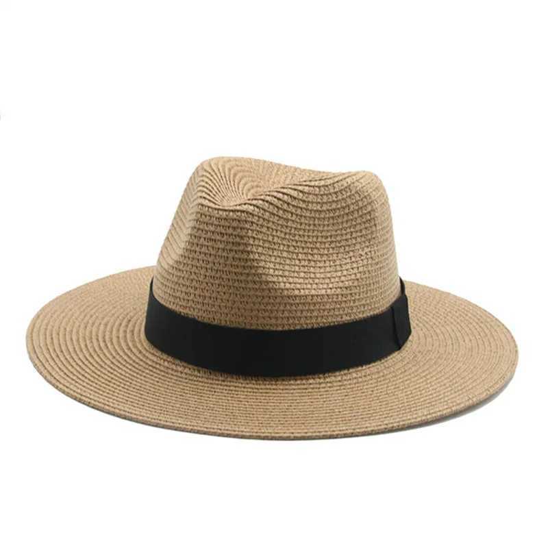 Black Ribbon Panama Straw Hat Flat Eaves Outdoor Spring and Summer Sunshade Beach Hats for Women H260407