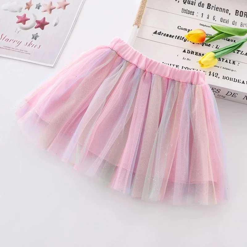 2024 New Embroidery Kids Girls Mesh Skirts Princess Pretty Stars Sequined Pleated Tutu Floral Girl Lace Faldas Dance Clothes H260407