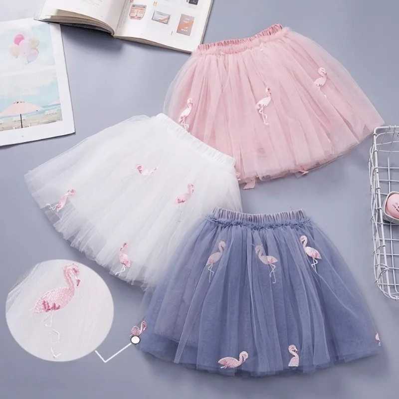 Flamingo Embroidery Girls Skirt Mesh Pleated Princess Skirt 2026 Summer Childrens Korean Fluffy Yarn Short Skirt 3-10T H260407