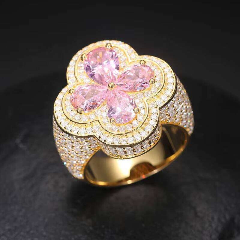 Newly arrived S925 pink flower cooling high-quality silver siliconite men's ring, exquisite jewelry