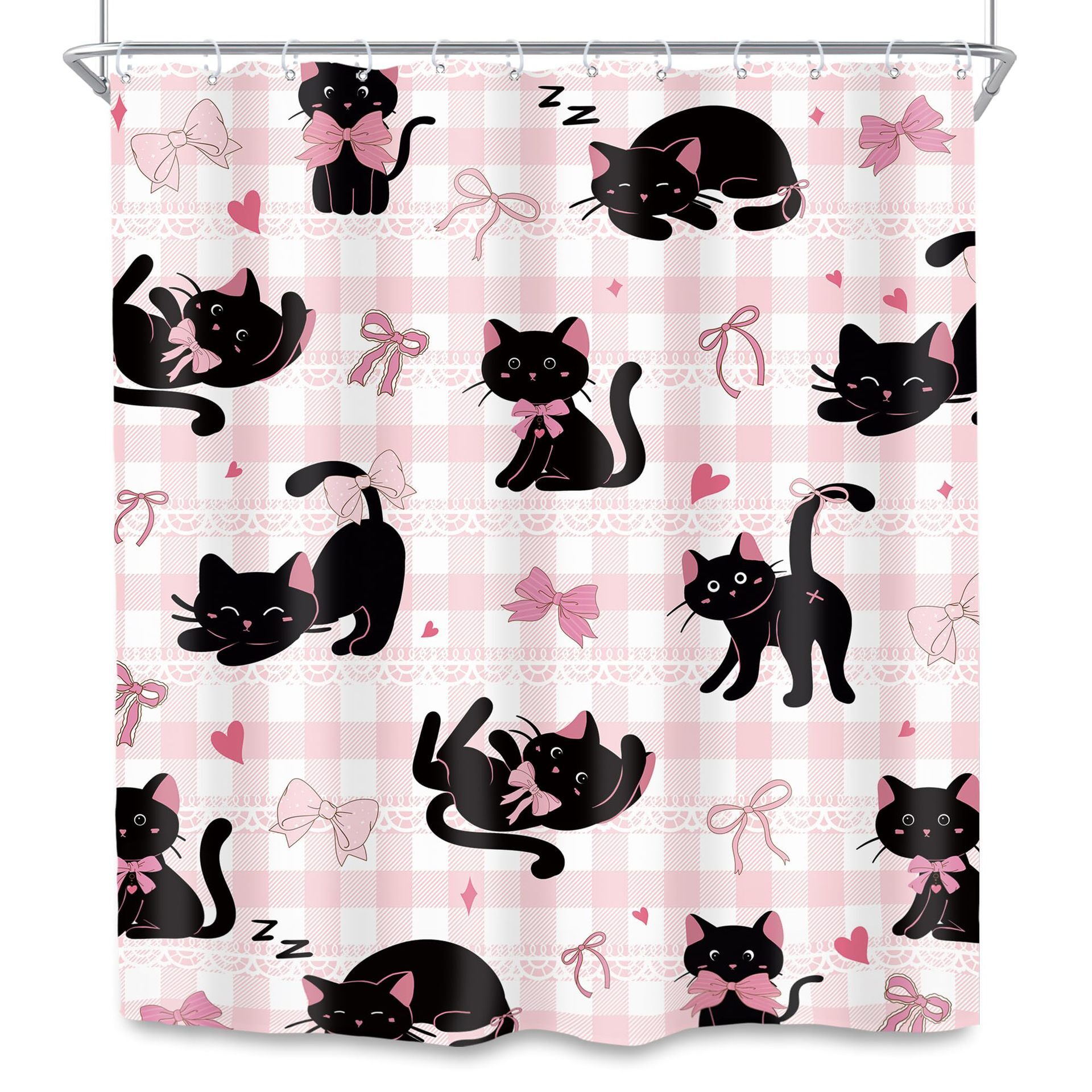 Shower Curtain Fun Bow Black Cat Animal Theme Cute Style Digital Printing Waterproof Mildew Proof Bathroom Toilet Partition Curtain