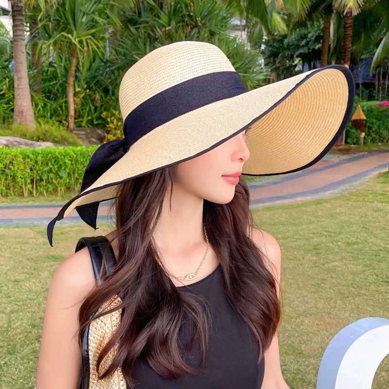 Summer Seaside Bow Beach Sun Hat Women Outdoor Travel Oversize Cap UV Protection Sea Beach Hat Wide Brim Sun Block Visor Hat H260407