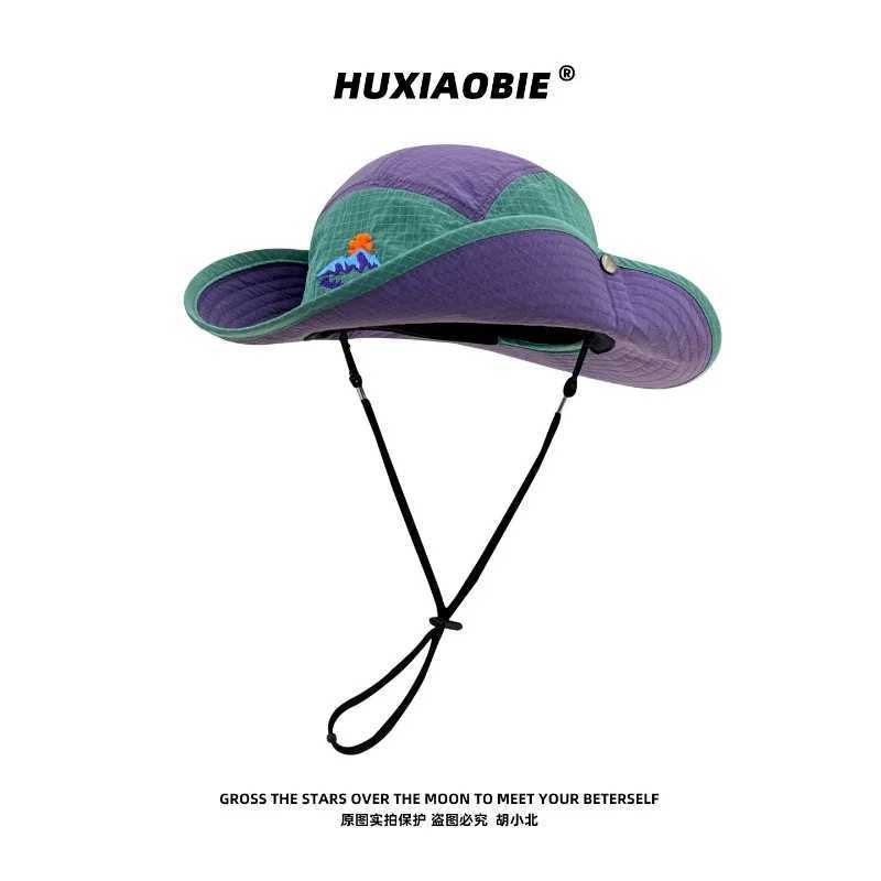 Japanese Color-blocked Bucket Hat Spring and Summer Outdoor Shade Windproof Lace-up Quick-drying Hiking Cap for Men and Women H260407