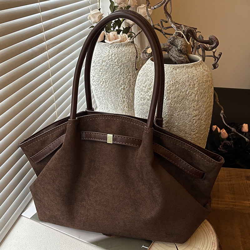 2026 New Arrival Suede Hobo Tote Bag for Women - Premium Beige Faux Leather Handbag, Luxury Retro Large Capacity Shoulder Tote - view 3