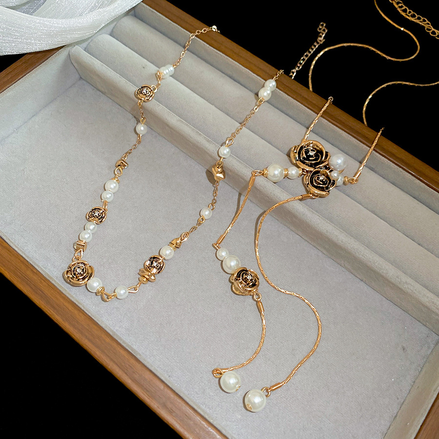 Vintage-style pearl letter sweater chain, long double-layered necklace with full rhinestones, ins celebrity style, light luxury, versatile and trendy - view 7