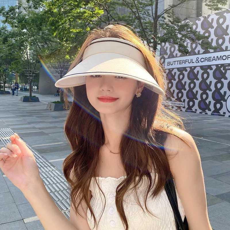 New Women Roll Up Sun Visor Wide Brim Hat Summer Foldable Packable UV Protection Empty Top Ponytail Cap For Beach Travel Bonnet H260407