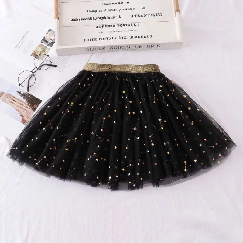 2023 Summer Girls Stars Sequin Mesh Tutu Skirt Fairy Print Puffy Cake Skirts School Girl Pleated Princess Skirt H260407