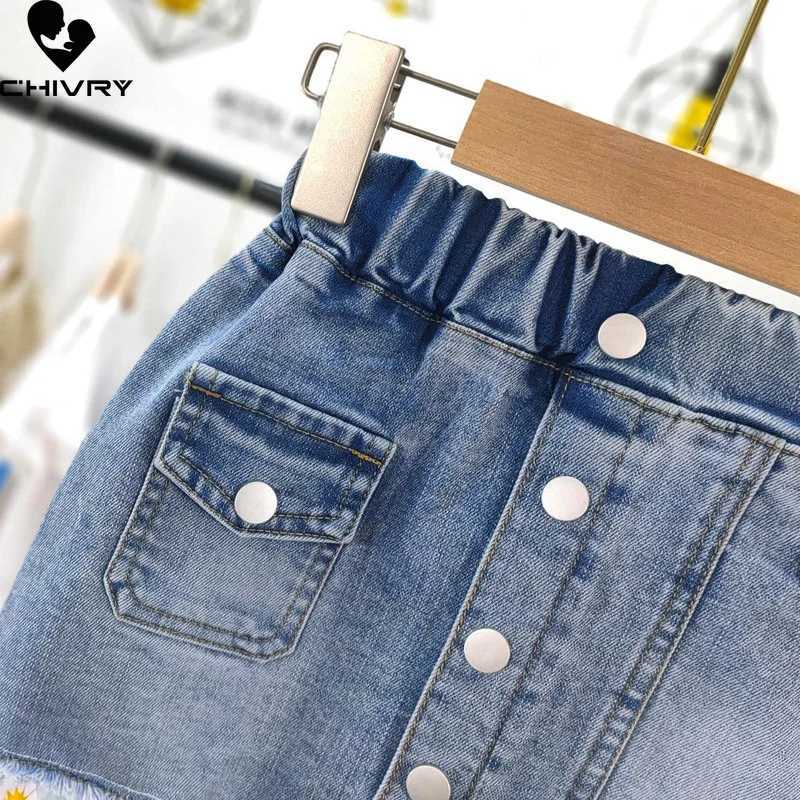 Summer New 2022 Kids Girls Fashion Skirts Mesh Patchwork Daisy Button Denim Skirt with Pockets Girls Children Casual Clothing H260407