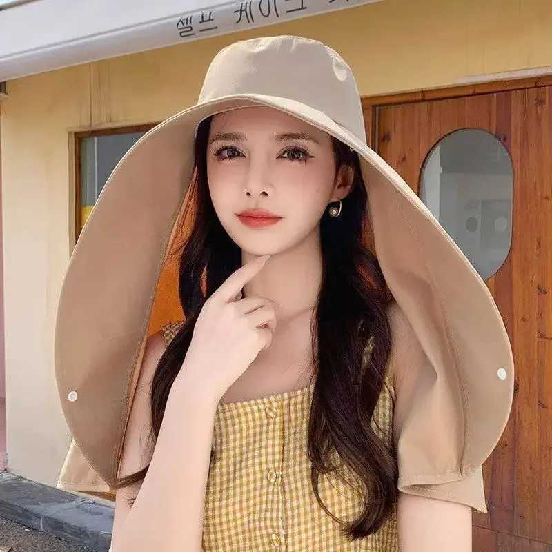 Summer Hats for Women Outdoor UV Anti Neck Protection Sun Visors for Lady Fishing Hiking Wide Brim Shawl Sunscreen Ponytail Cap H260407