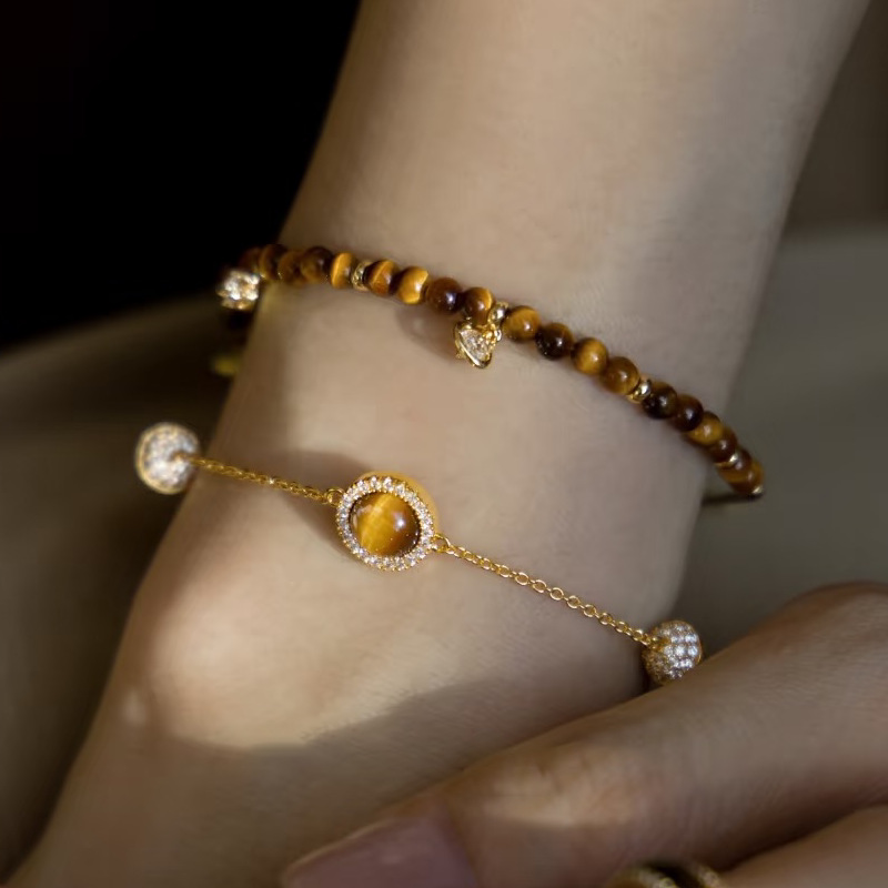Vintage Maillard Transfer Bead Natural Tiger Eye Stone Bracelet, Light Luxury High-End Feel, Niche Design Jewelry for Women - view 3