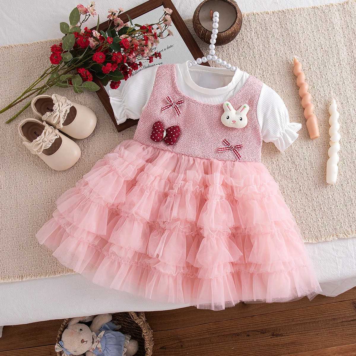 Girls Dress Summer Bow Cartoon Mesh Short-Sleeve Baby Girl Dress Cute Princess New Year Baby Dress Baby Girl Clothes H260407