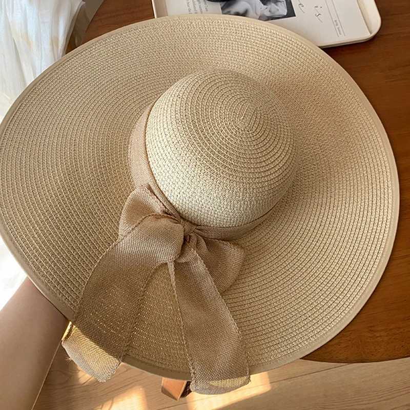 Summer Seaside Bow Beach Sun Hat Women Outdoor Travel Oversize Cap UV Protection Sea Beach Hat Wide Brim Sun Block Visor Hat H260407