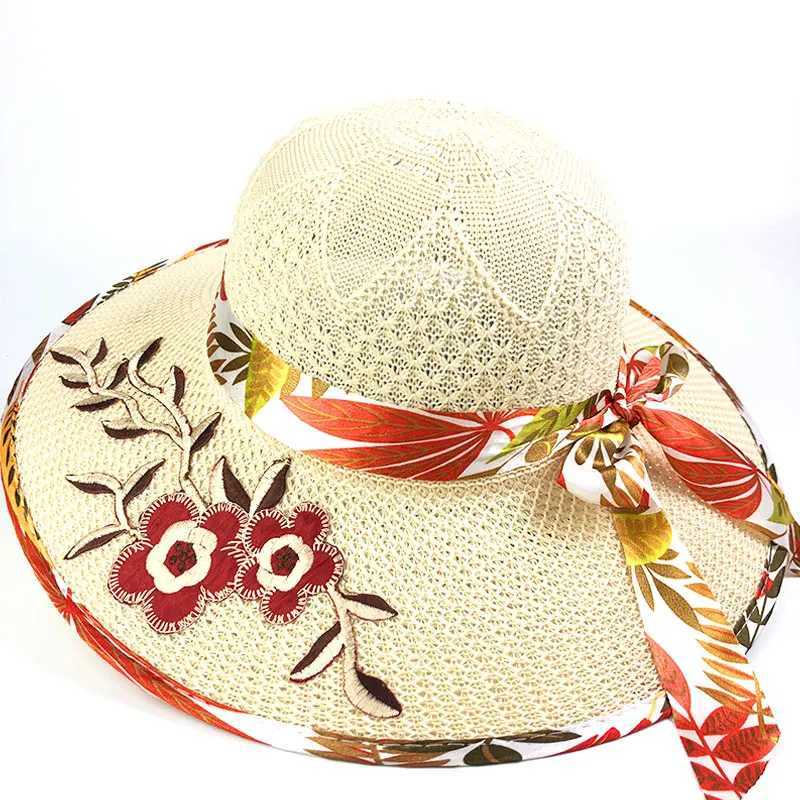 Summer Women Flower Embroidery Hat Wide Brim Satin Ribbon Bow Straw Hat Panama Hats Female Outdoor Foldable Beach Sun Cap 1pc H260407