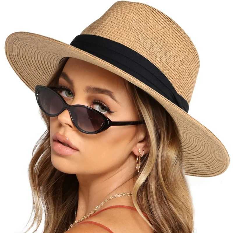 1pc Sun Hats for Women Wide Brim Roll-Up Beach Ponytail Panama Hat Packable Foldable Travel Straw Visor for outdoor tralve H260407