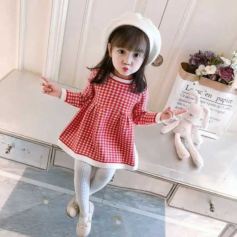Autumn and Winter Girls New Checkered Printed Long Sleeve Color Blocked Sweet and Cute Fashion Warm Mini Woolen Dress H260407