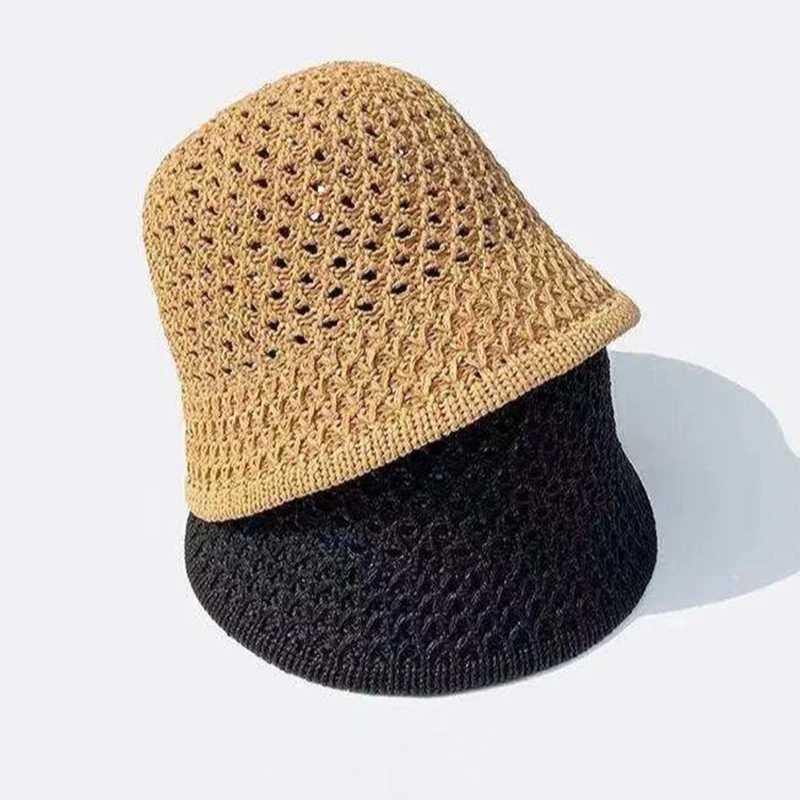 Bucket Hat Spring Summer Hollow Knitted Hat Solid Color Sunhat Fisherman Caps Casual Foldable Beach Cap H260407