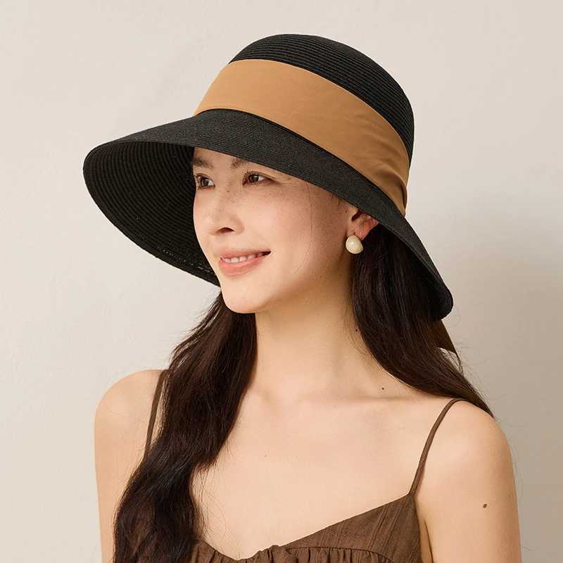 French Vintage Straw Hat Women Elegant Black Ribbon Bow Beach Sun Hat 9cm Wide Brim Breathable Paper Straw Summer Vacation Cap H260407