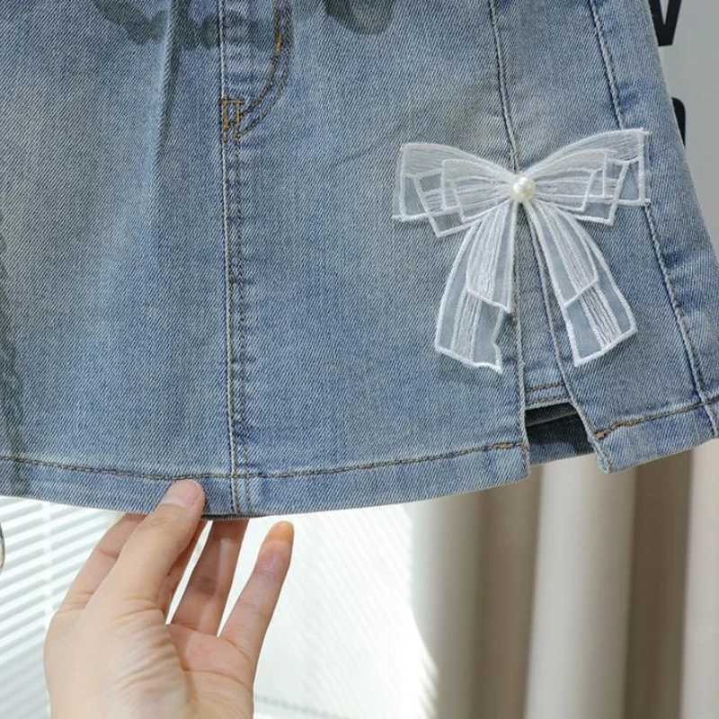 Girls Denim Skort 2026 Summer Kids Short Pants Cute Sweet Style Fake Two Piece Design Comfortable Stretch Casual Versatile H260407