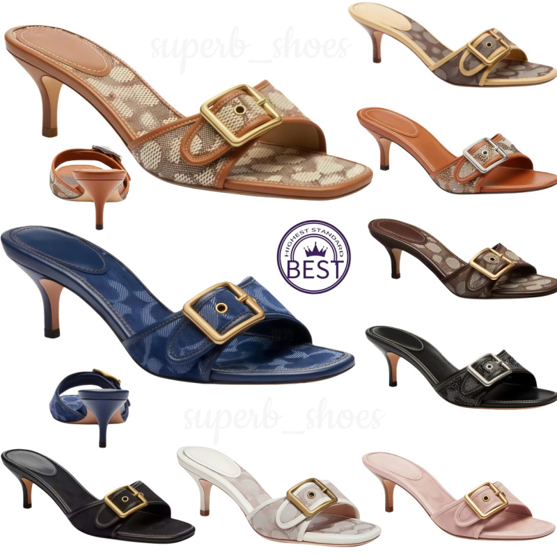 Designer Margot Sandals Women Kitten Heels C Beach Summer Luxury Denim Heel High Leather Slippers Fall Pumps Cute Lady Low Heeled Slip-on shoe 5.5cm-5.7cm Size 35-42