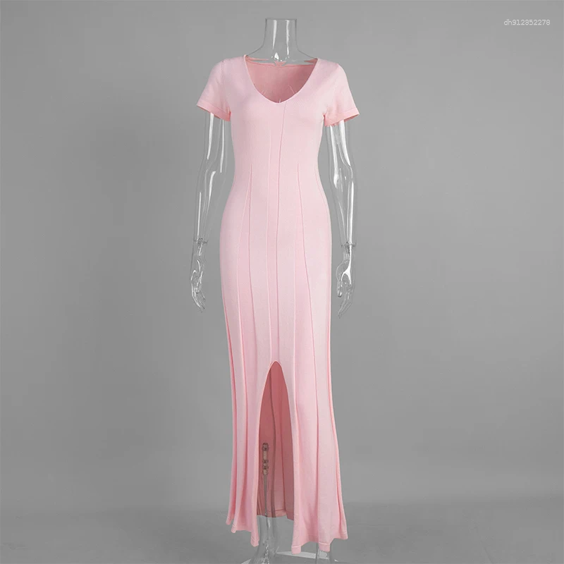 Casual Dresses TARUXY Spring Summer Short-Sleeved Knitted Dress Women Solid V-Neck Slit Long Slim Sexy Commuting Leisure Female