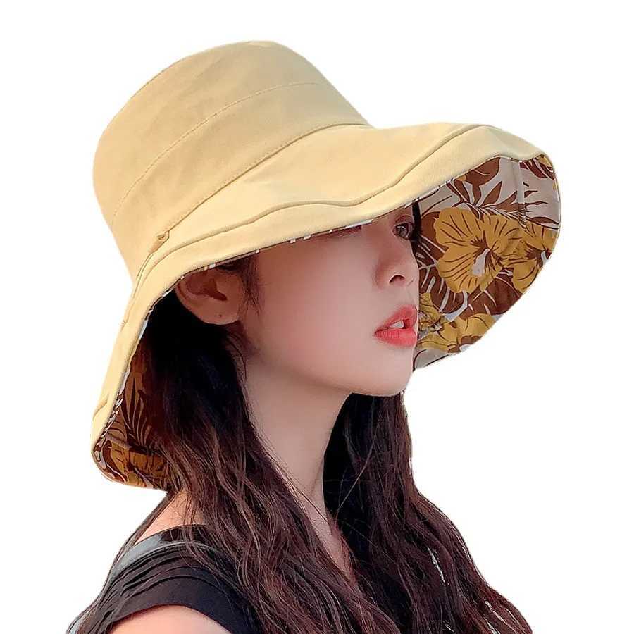 Summer New Printed Double Sided Fishermans Hat with Large Eaves for Face Covering Sunscreen Hat for Women Outdoor Sun Hat H260407