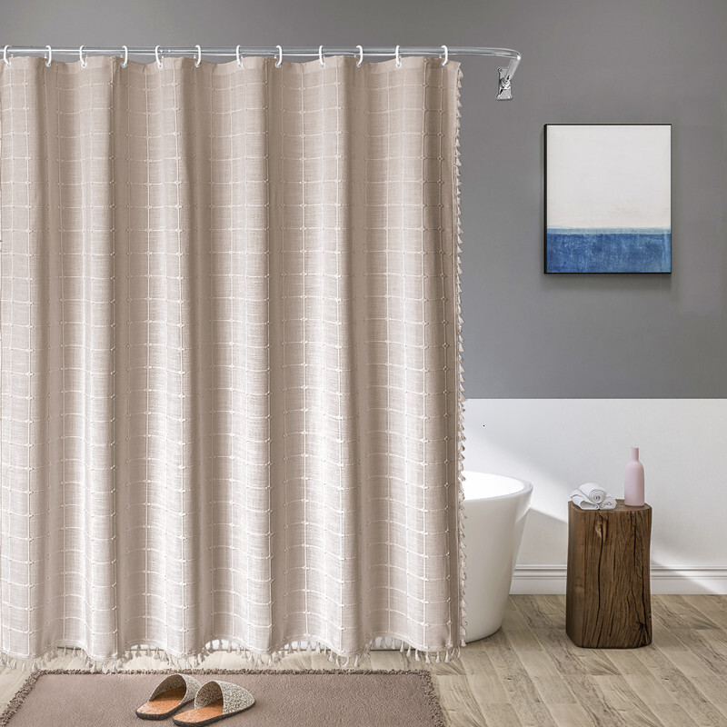 Shower Curtain 7.5cm Polyester Linen Tassel Checkered Design Waterproof Fabric Bathroom Partition Curtain