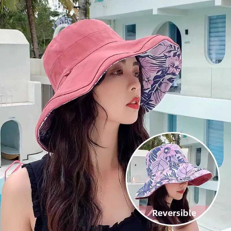 Summer New Printed Double Sided Fishermans Hat with Large Eaves for Face Covering Sunscreen Hat for Women Outdoor Sun Hat H260407
