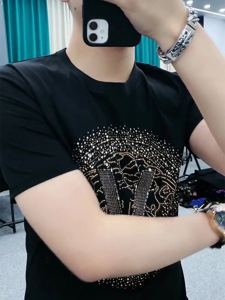 Men's Black T-Shirt, Chinese Style 100% Cotton Longline Casual Shirt - Loose Fit, Short Sleeve Round Neck Top with Crystal Slogan Print for Everyday C - view 7
