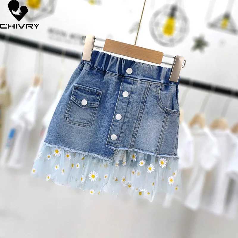 Summer New 2022 Kids Girls Fashion Skirts Mesh Patchwork Daisy Button Denim Skirt with Pockets Girls Children Casual Clothing H260407