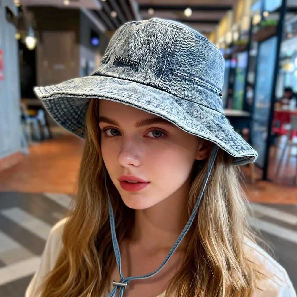Portable Sun Protection Denim Cloth Bucket Hat Anti-UV Retro Cowboy Hat Casual Breathable Fisherman Cap Outdoor H260407