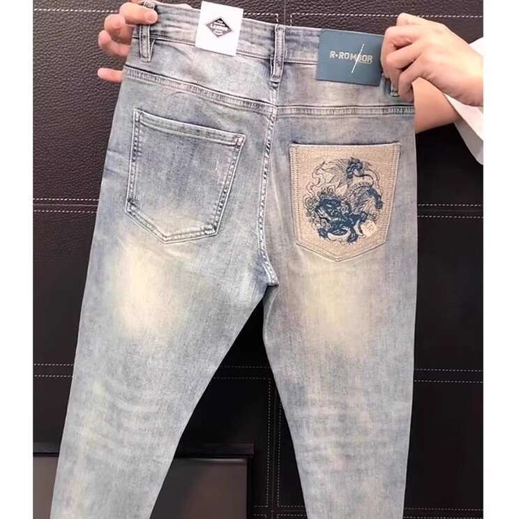 Men's Patched Slim-Fit Skinny Jeans Korean Style Embroidered Stretchy Long Pants Fashionable Trendy Versatile Daily Denim