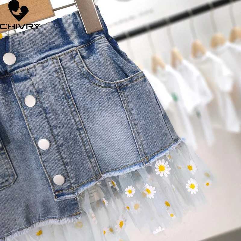 Summer New 2022 Kids Girls Fashion Skirts Mesh Patchwork Daisy Button Denim Skirt with Pockets Girls Children Casual Clothing H260407