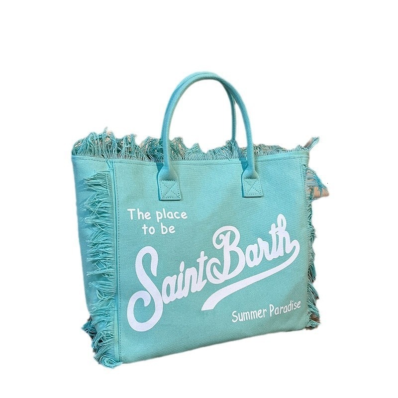 2026 New Arrival Saint Barth Fringe Tote Bag for Women - Ivory Canvas Beach Handbag, Retro Boho Summer Paradise Tote
