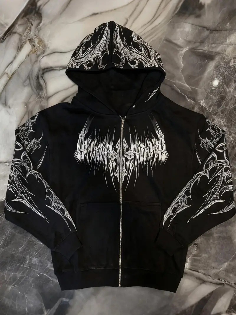 Men's Hoodies 2000s Breathedivinity Hoodie Gothic Style Pattern Oversized Sweatshirts Dark Textured Cool Print Man Coat Jacket