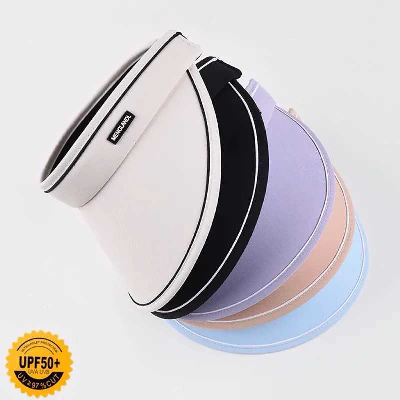 New Women Roll Up Sun Visor Wide Brim Hat Summer Foldable Packable UV Protection Empty Top Ponytail Cap For Beach Travel Bonnet H260407