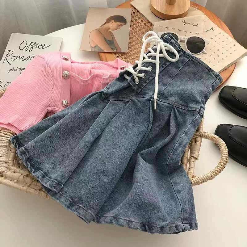 2023 Spring Autumn Girls Pleated Skirt Baby Denim Skirt Kids Skort Children Fashion Bottoms Stretchable Waist Lacing 3-14Y H260407