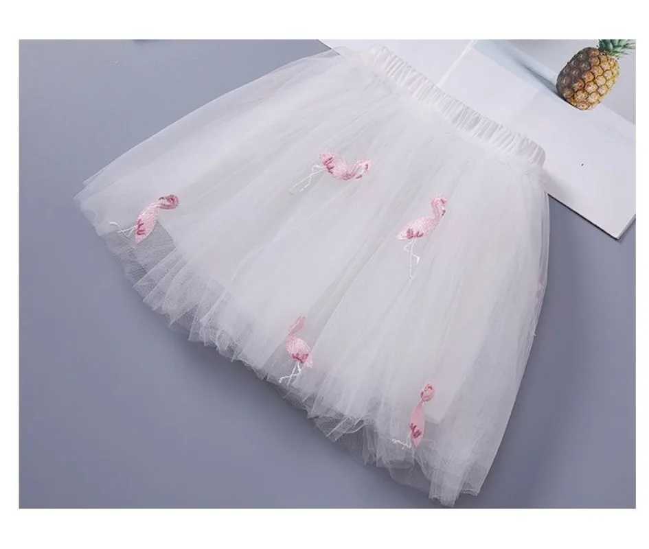Flamingo Embroidery Girls Skirt Mesh Pleated Princess Skirt 2026 Summer Childrens Korean Fluffy Yarn Short Skirt 3-10T H260407