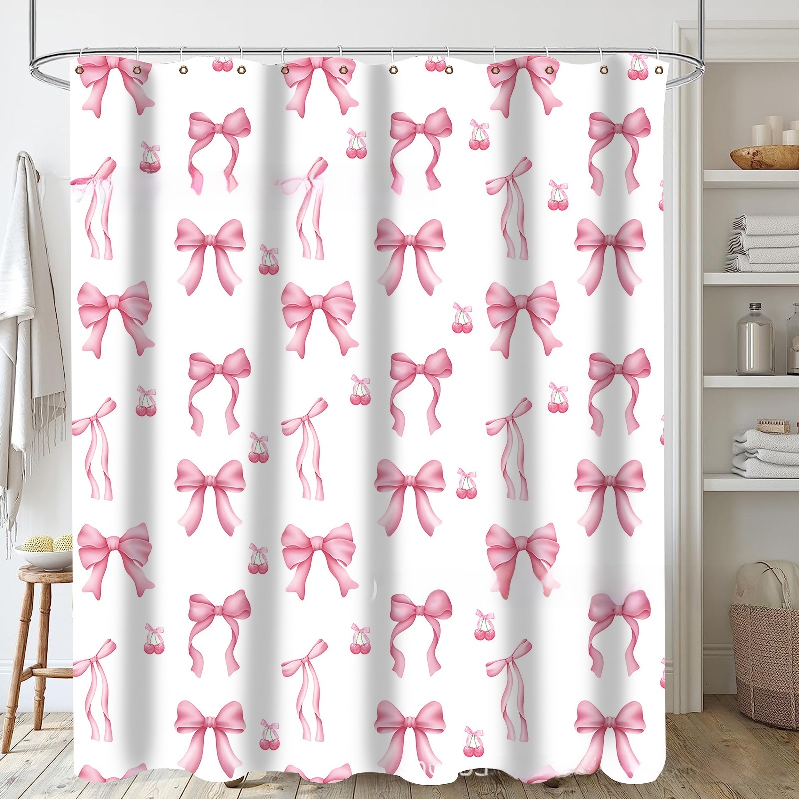 Shower Curtain Pink Bow Design Sweet Style Polyester Digital Printing Waterproof Bathroom Partition Curtain