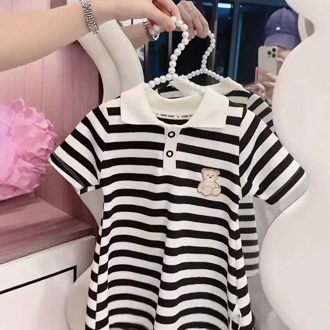 1pcs Children Short Sleeve Dress Kids Leisure Skirts Summer Baby Black White Stripe Skirt Pupil Girls Fashion Clothes 80cm-160cm H260407
